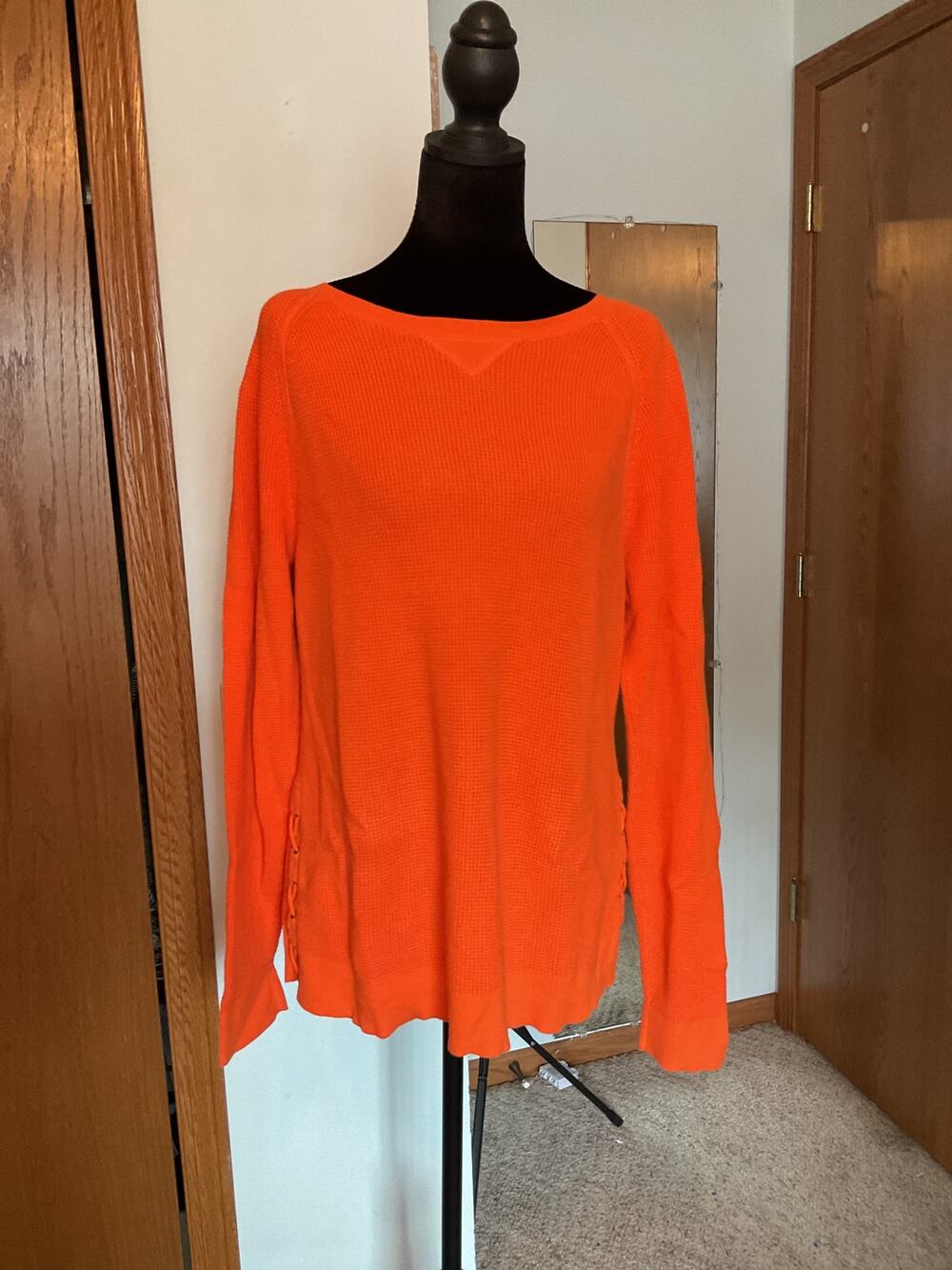 Vintage 90s Ralph Lauren Lauren Jeans Co Orange Waffle Knit Lace Up Sweater XL